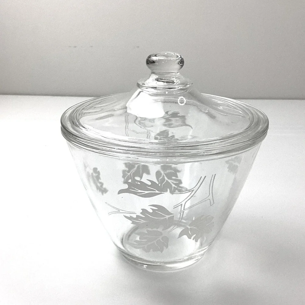 Vintage Frosted Leaf  Clear Glass Candy Dish with Lid Sugar Bowl 5 inch